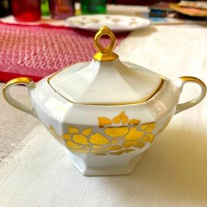 M Z Austria white porcelain gold guild floral pattern covered sugar bowl vintage